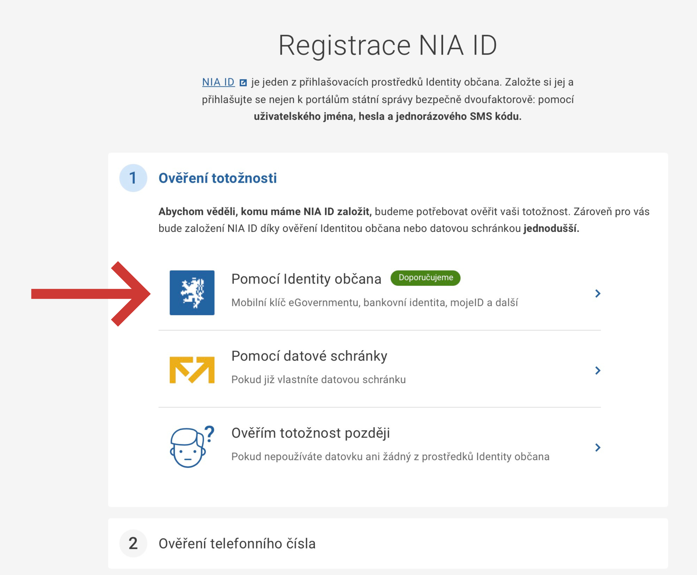 Výběr možnosti Pomocí identity občana